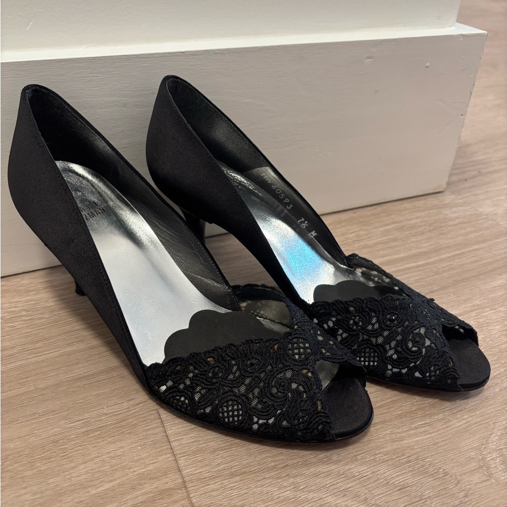 Stuart Weitzman Black Satin Lace Heels